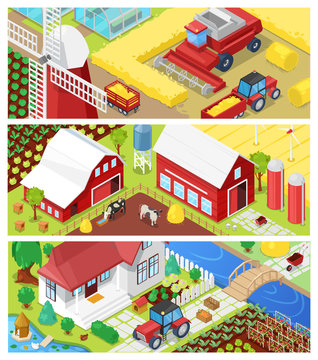 Farm vector farming agriculture in fields and farmhouse illustration agricultural set of rural house on farmland or farmyard meadow landscape background