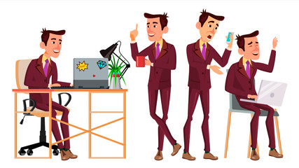 Office Worker Vector. Face Emotions, Various Gestures. Corporate Businessman Male. Isolated Cartoon Illustration
