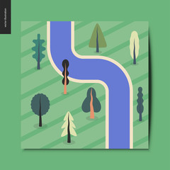 Simple things - top view, satellite shoot of a river with trees on a field around, summer postcard, flat cartoon vector illustration