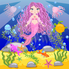 Fototapeta na wymiar Vector background with an underwater world in a children's style. A mermaid is sitting on a rock. Wooden chest with gold on the bottom of the sea. Seabed in a cartoon style.