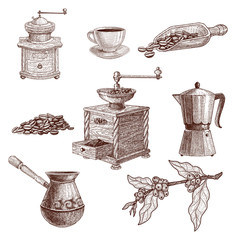 Set of coffee grinder, teapot, coffee beans and cup.