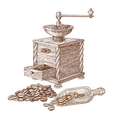 Hand drawn coffee grinder and coffee beans.