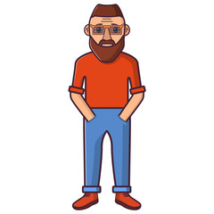 Young happy man in a t-shirt and in trousers and sneakers.The person in casual clothes in line art flat vector. Hipster funny cartoon guy.Character portrait avatar isolated white background.

