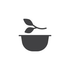 Mortar bowl and leaves vector icon. filled flat sign for mobile concept and web design. Leaf herbal pharmacy simple solid icon. Symbol, logo illustration. Pixel perfect vector graphics