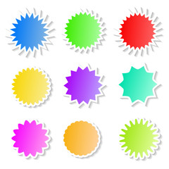 Starburst color speech bubbles with shadow on white, stock vector illustration