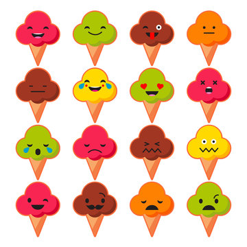 Set Emotions Ice Cream. Cute cartoon. Vector style smile icons. 