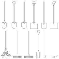Set of contours of garden tools (shovel, rake, fork, scythe), vector illustration
