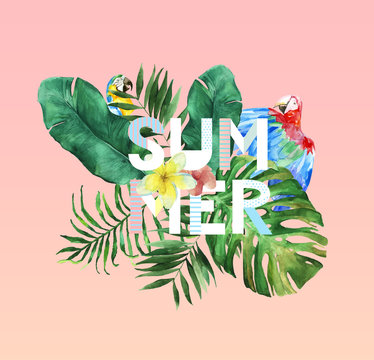 Exotic summer composition watercolor template with green leaves, parrot and typography concept "Summer". Vector hand drawn illustration