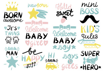 13 children s logo with handwriting Born awesome, Welcome baby, Kids rules, Girls and Boys, Be happy, Newborn, Mini boss, Super hero, Little man, It s twins.