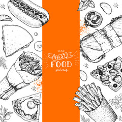 Fast food hand drawn sketch collection. Vector illustration. Junk food set. Engraved style illustration. Street food design template.