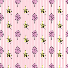Beautiful floral pattern: pink and yellow leaves on a pink background in a white stripe. Lovely pastel texture, option for textiles, fabrics.