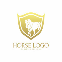 Strong Horse Pose with Golden Shield logo design