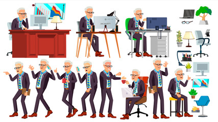 Old Office Worker Vector. Face Emotions, Various Gestures. Business Man. Professional Cabinet Workman, Officer, Clerk. Isolated Cartoon Character Illustration