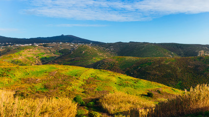 Obraz premium The picturesque mountains are covered with mountain vegetation and a small settlement