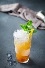 Classic mint julep cocktail with bourbon and ice
