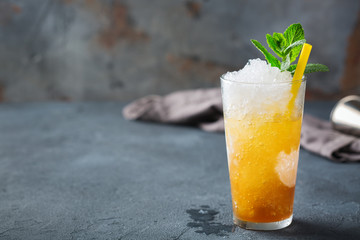 Classic mint julep cocktail with bourbon and ice