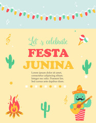 Bright poster for Festa Junina with happy cactus