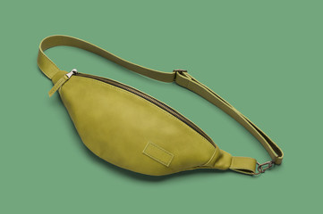 Men's green leather waist bag on green background