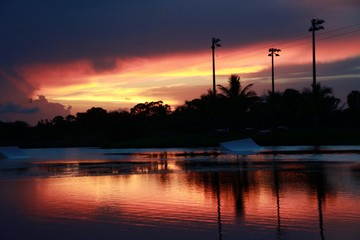 Sunset on Empty Lake Over Water Ski Ramps at Quiet Waters Park, Deerfield Beach, Florida