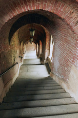 brick tunnel with a staircase leading down.