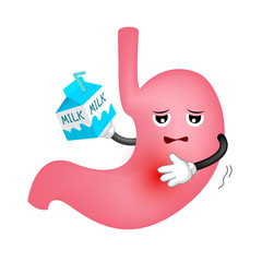 Stomach painful expression after drinking milk. Cartoon character, Health care concept. Illustration isolated on white background.
