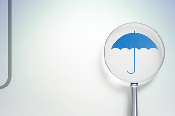 Safety concept: magnifying optical glass with Umbrella icon on digital background, empty copyspace for card, text, advertising, 3D rendering