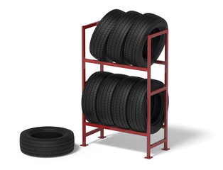 Car tires on a rack