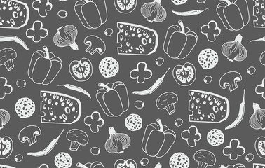 Seamless pattern with the ingredients for pizza isolated on black background