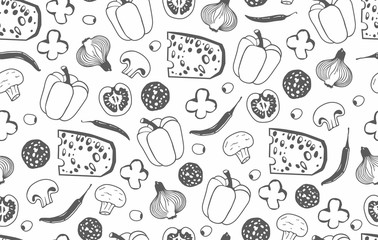 Seamless pattern with the ingredients for pizza isolated on white background