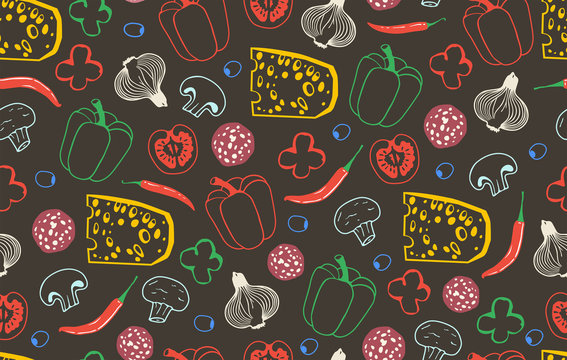 Seamless pattern with the ingredients for pizza isolated on black background