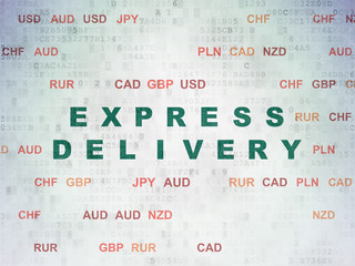 Finance concept: Painted green text Express Delivery on Digital Data Paper background with Currency