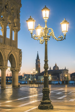 Venice, Veneto, Italy. Piazzetta San Marco and Doge's palace at dusk.