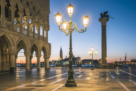 Venice, Veneto, Italy. Piazzetta San Marco and Doge's palace at dusk.