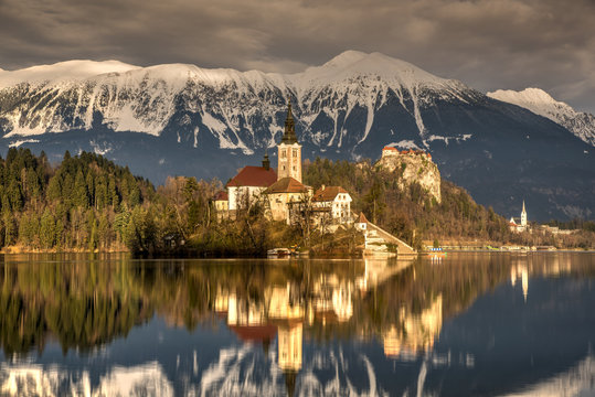 Afternoon sunlight over Church of the Assumption of Mary, Lake Bled, Upper Carniola, Slovenia