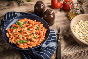 Cavatelli pasta with fresh tomato sauce.