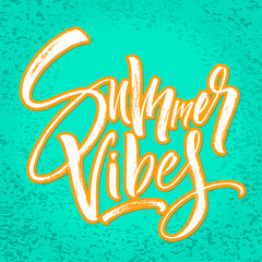 Summer Vibes lettering background. Brush painted letters, template for banner, flyer or gift card. Modern calligraphy, vector illustration