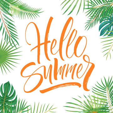 Hello Summer lettering tropical background with exotic palm leaves and plants. Brush painted letters, template for banner, flyer or gift card. Modern calligraphy, vector illustration