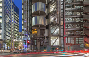 LONDON, GREAT BRITAIN - SEPTEMBER 18, 2017: The towers of Willis building and Lloyd's building at dusk.