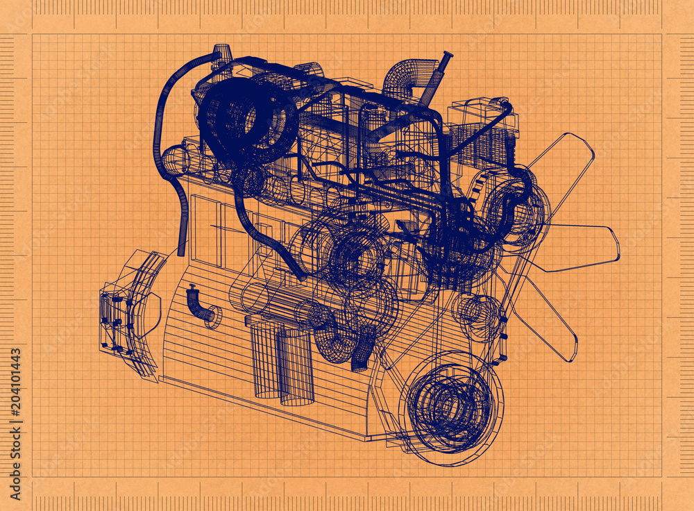 Wall mural Car Engine - Retro Blueprint