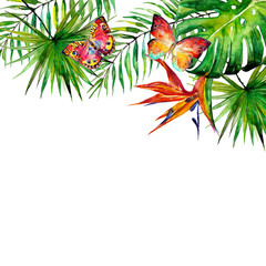 Obraz premium beautiful tropical palm leaves and flowers, watercolor