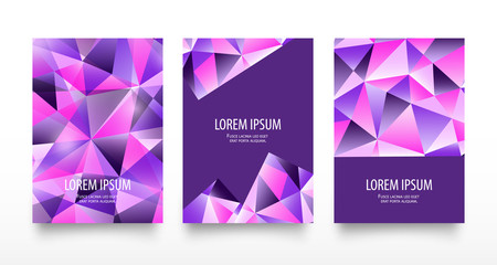 Colorful modern geometric abstract flyers or card set. Trendy bright purple violet colors. Beautiful pink blue design pattern background in low poly style on white.