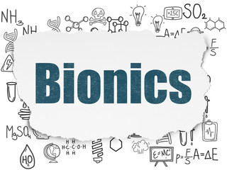 Science concept: Painted blue text Bionics on Torn Paper background with  Hand Drawn Science Icons