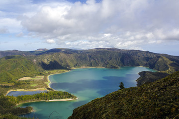Fototapeta na wymiar Stunning landscape with lagoon in volcanic crater in volcanic Island. Lagoa do fogo, Azores