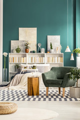 Green cozy bedroom interior