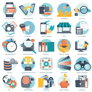Business, technology and finances icon set for websites and mobile applications and services. Flat vector illustration