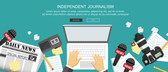Independent journalism flat banner. Equipment for journalist on desk. Flat vector illustration - obrazy, fototapety, plakaty