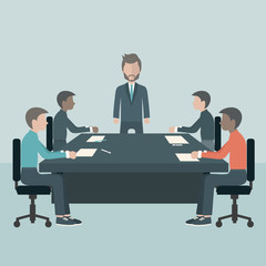 Obraz premium Business meeting, presentation or conference in office. Business people discussing about business plans concept. Flat vector illustration