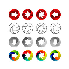 Set of signs, in the circular forms with the shadows inside. Arrows, stars, swirl in circle. Logo set, illustration