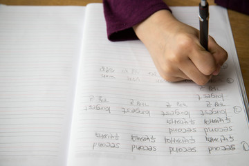 Korean boy studies English word.  'largest' translation is '가장 큰', 'second' translation is...