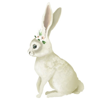 Cute bunny, hand painted oil textured white bunny with floral wreath, flowers bouquet, isolated on white